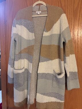 Nine West Long Open-Front Striped Cardigan in Cream, Light Blue & Tan